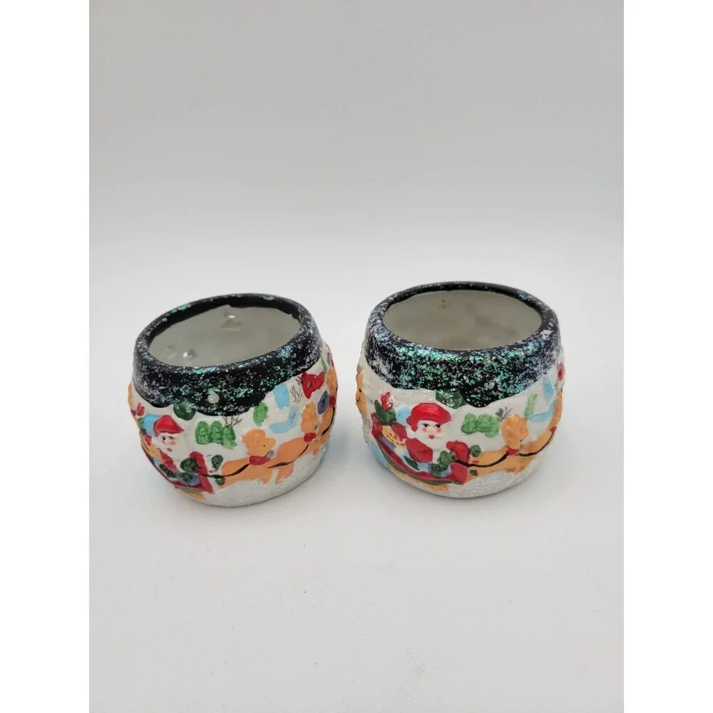 2 Vtg Giftco Ceramic Tea Light Candle Holders Santa Sleigh Reindeer Glitter 3.5